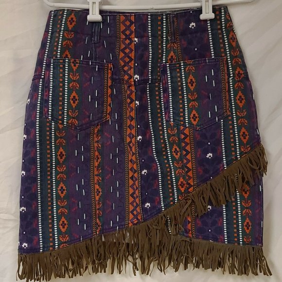 Vtg Red Rover Womens W28 x L19 Multicolor Rodeo Aztec Pattern Denim Short Skirt - Picture 9 of 12